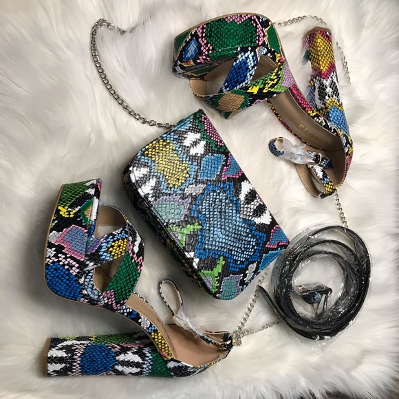 Multi Color Snake Print Open Toe Platform Heels - Picture 2 of 6